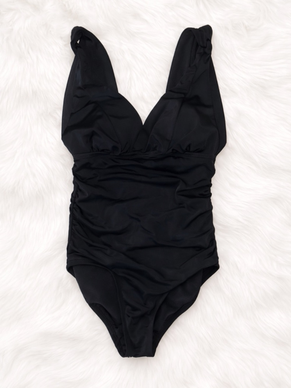 Time & Tru Black One Piece Swimsuit Small Ruched Deep V Slimming Bathing Suit